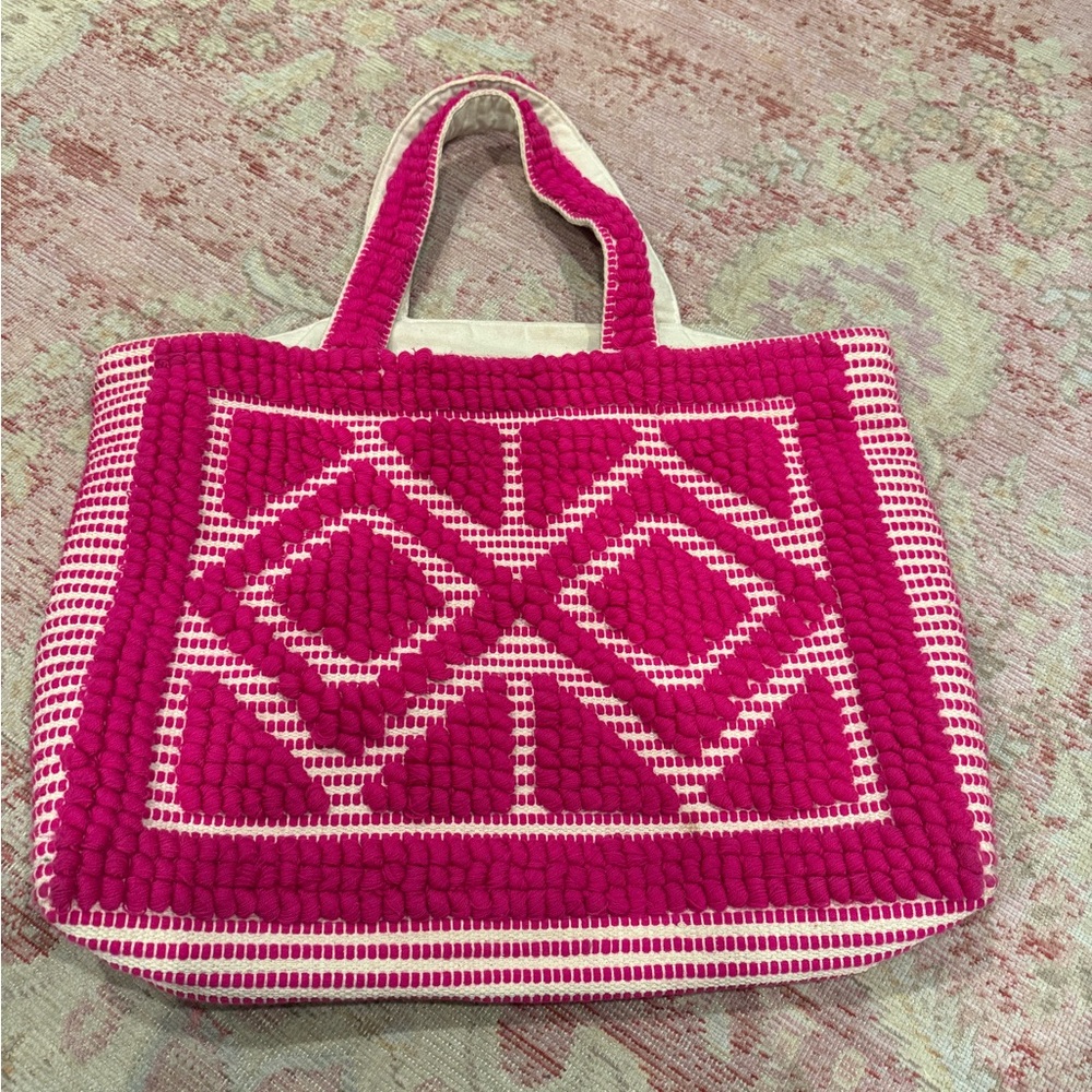 Mud Pie Pink and White Artisan Tote Bag